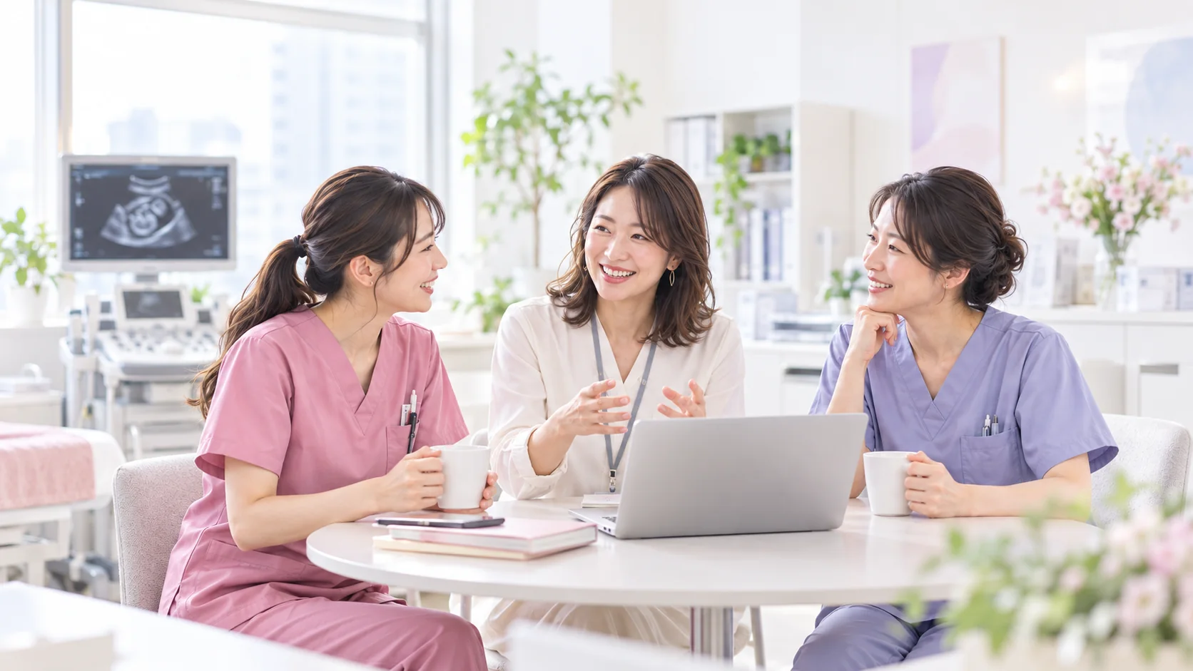 超音波検査室で交流する20代後半、30代半ば、40代前半から半ばの日本人女性技師3人