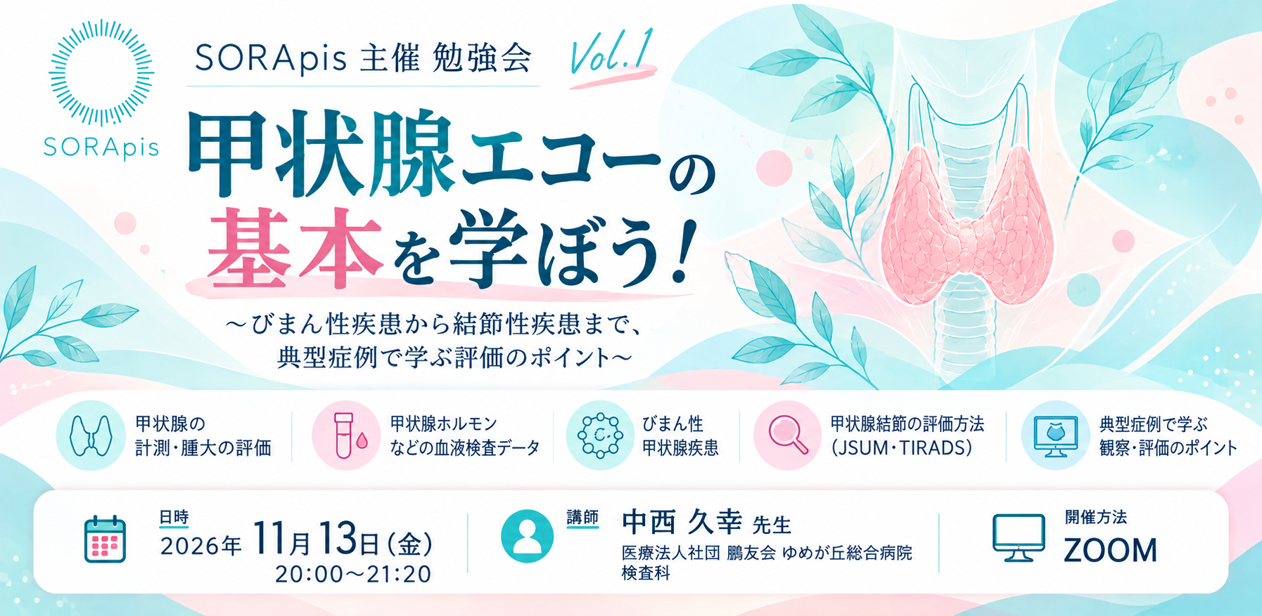 SORApis主催勉強会 Vol.1『甲状腺エコーの基本を学ぼう！』。びまん性疾患から結節性疾患まで、典型症例で学ぶ評価のポイント。2026年11月13日（金）20時から21時20分、Zoom開催。講師はゆめが丘総合病院検査科の中西久幸先生。